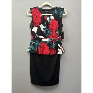 En Focus Dress Womens 6‎ Belted Black Red Roses Peplem Cocktail Stretch NEW